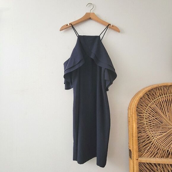 Tahari ASL Navy Blue Off Shoulder Ruffle Halter Dress XS - Picture 1 of 6